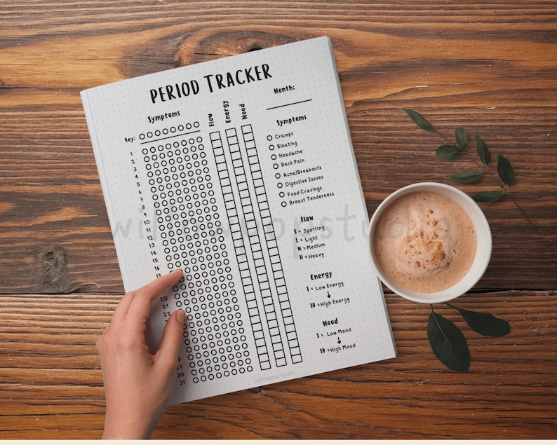 May include: A white paper period tracker sheet with black text and grid lines. The tracker includes sections for symptoms, flow, energy, and mood, with numbered rows from 1 to 31. The header reads Period Tracker and includes a space for the month.