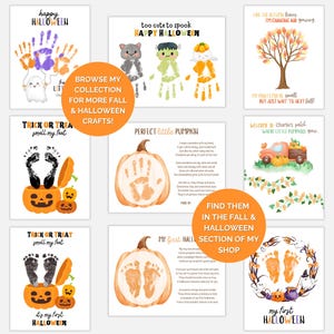 May include: A collection of Halloween-themed art prints featuring handprints and footprints transformed into festive characters and pumpkins. The prints include phrases like "Happy Halloween" and "Trick or Treat," perfect for fall and Halloween crafts.
