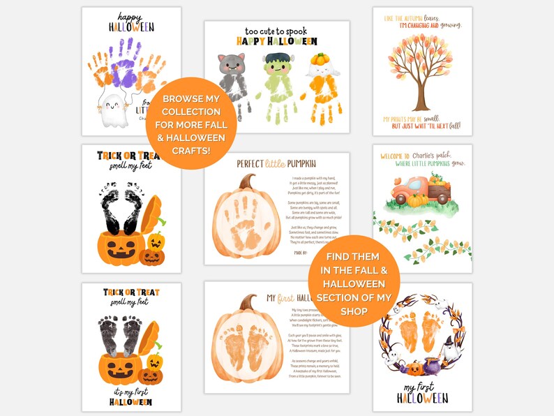 May include: A collection of Halloween-themed art prints featuring handprints and footprints transformed into festive characters and pumpkins. The prints include phrases like "Happy Halloween" and "Trick or Treat," perfect for fall and Halloween crafts.