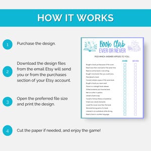 May include: A teal and white printable game titled "Book Club Ever or Never." The game includes a list of statements with "Ever" and "Never" check boxes. Instructions are provided in a step-by-step format with teal circles and white text.