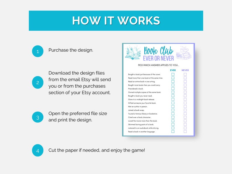 May include: A teal and white printable game titled "Book Club Ever or Never." The game includes a list of statements with "Ever" and "Never" check boxes. Instructions are provided in a step-by-step format with teal circles and white text.