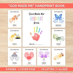 May include: A handprint book titled "God Made Me" with colorful illustrations. The cover features a handprint and the text "God Made Me Handprint Book." Inside are pages with handprint art and words like "Brave" and "Beautiful."