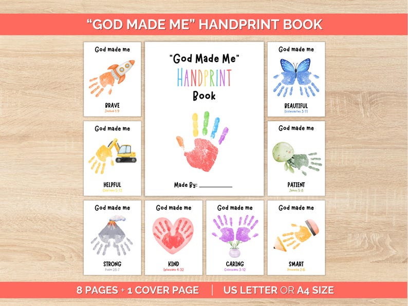 May include: A handprint book titled "God Made Me" with colorful illustrations. The cover features a handprint and the text "God Made Me Handprint Book." Inside are pages with handprint art and words like "Brave" and "Beautiful."