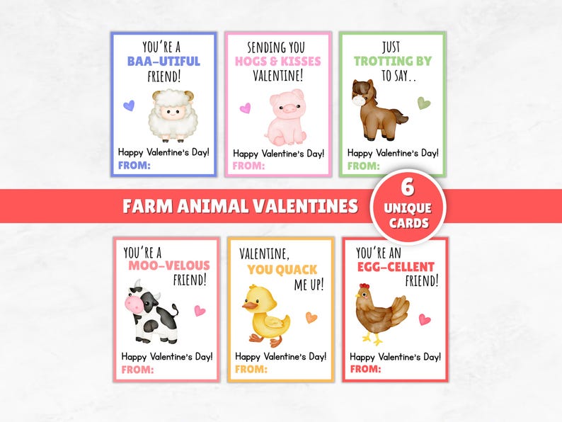 Printable Farm Animal Valentines Cards, Kids Class Valentine Cards ...