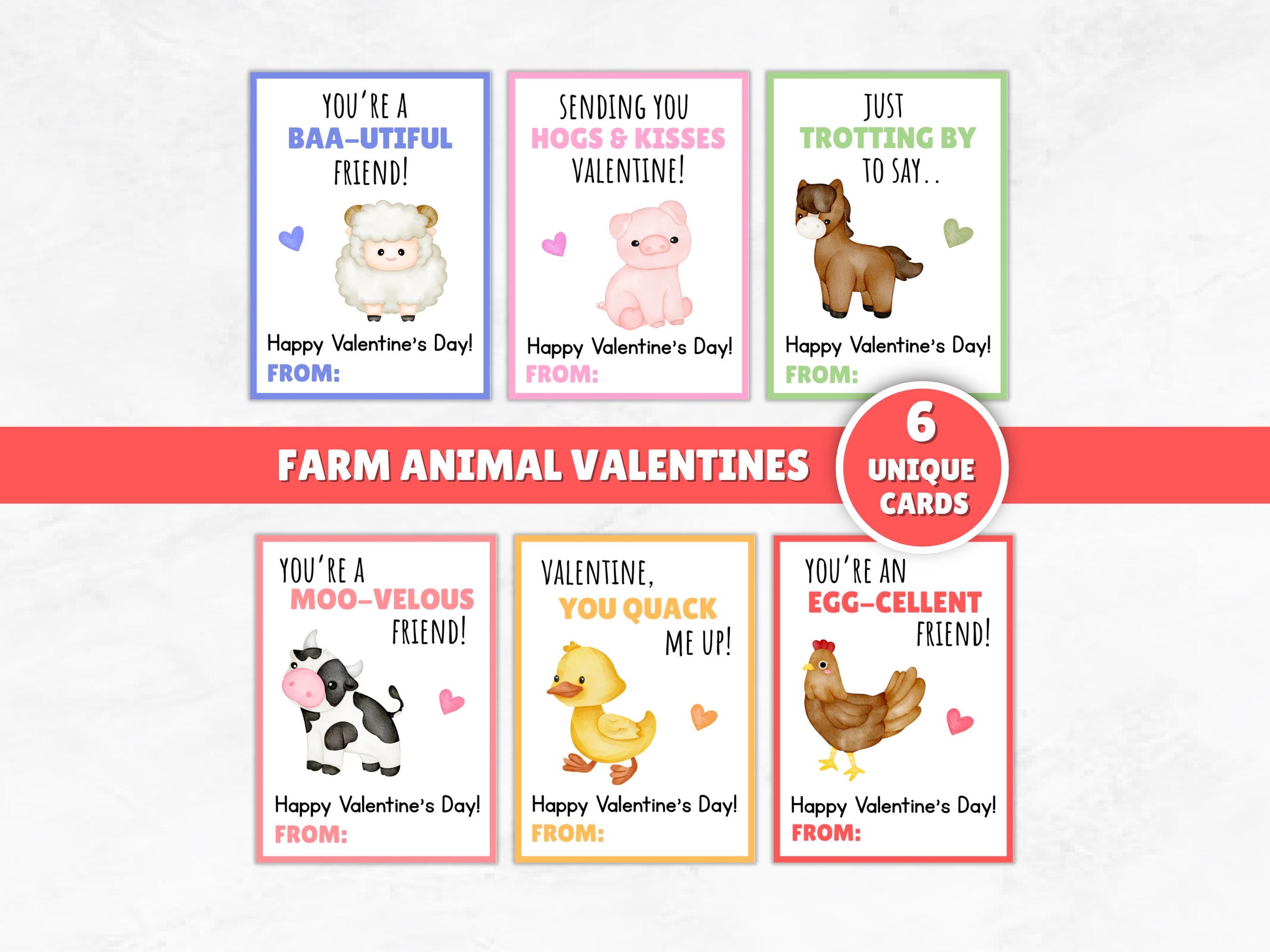 Printable Farm Animal Valentines Cards, Kids Class Valentine Cards ...