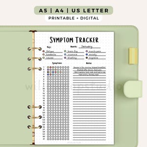 Könnte beinhalten: Ein hellgrüner Ringbuchplaner mit einer weißen Seite zur Symptomverfolgung. Die Seite enthält den Text Symptom Tracker, eine farbcodierte Legende für Symptome, ein monatliches Kalenderraster für einunddreißig Tage und einen Bereich für Notizen.