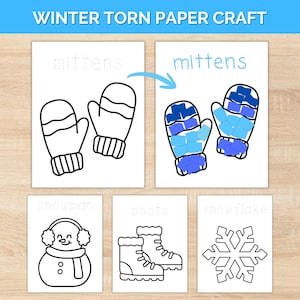 Peut inclure: Modèles de bricolage sur le thème de l'hiver. L'image montre les contours de moufles, d'un bonhomme de neige, de bottes et d'un flocon de neige. Une paire de moufles est remplie de morceaux de papier bleus. Le texte "Winter Torn Paper Craft" est en haut.