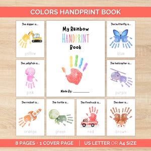 Puede incluir: Un libro de huellas de manos titulado "My Rainbow Handprint Book" con ilustraciones de objetos creados a partir de huellas de manos, como una excavadora, una mariposa, una medusa, un helicóptero, un cohete, una tortuga, un camión de bomberos y un ciervo.
