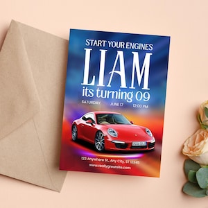 Red Porsche Birthday Invitation, Porsche 911 Birthday Invitation, Speedway Invite, Fast One Birthday, Race Car Template