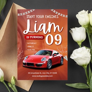 Red Porsche Birthday Invitation, Speedway Birthday Invite, Porsche 911 Birthday Invitation, Checkered Flag Invitation