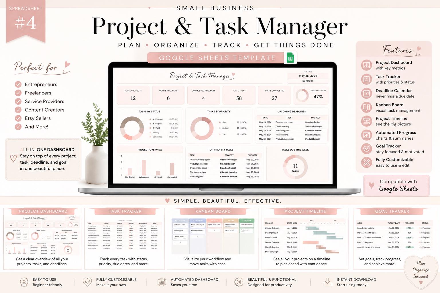 Project and Task Manager for Google Sheets - Deadlines, Goals and Kanban Board