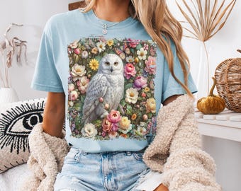 Snowy Owl Floral Illustration T-Shirt | Vintage Botanical Bird Art