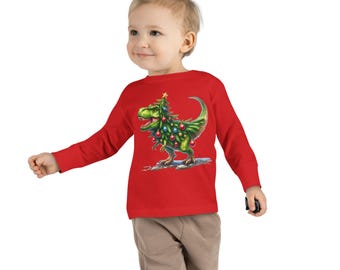 Weihnachten Dino Kleinkind Langarm T-Shirt, niedliches Kinder T-Shirt, Urlaub Kleidung, Dino-Liebhaber Geschenk, festliches Kleinkind Shirt