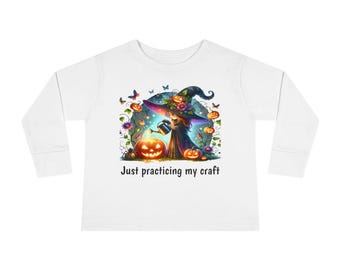 Toddler Halloween Long Sleeve Tee - Just Practicing My Craft, Cute Witch T-Shirt, Kids Halloween Apparel, Toddler Witch Shirt, Spooky [...]