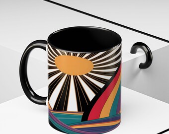 Retro Sunburst Waves Accent Coffee Mug | Colorful 70s Rainbow Ceramic 11oz 15oz