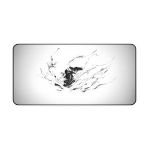 May include: Rectangular white desk mat with a black and white abstract ink design. The artwork features a central dark shape surrounded by swirling lines, creating a dynamic and artistic visual.