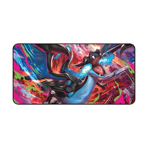 May include: Rectangular mousepad featuring a vibrant illustration of a dragon-like creature with blue flames and a dynamic, colorful background. The design includes shades of black, red, blue, pink, and green, creating a visually striking image.