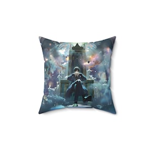 May include: Square throw pillow featuring a digital art print of a person seated on a throne. The artwork has a fantasy theme with a cosmic background in shades of blue, purple, and white. The person is wearing a dark coat and pants.