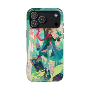 May include: A phone case with a vibrant illustration of a figure in a long coat, holding a top hat and flowers. The design includes a rainbow, a framed picture, and a green and teal background.