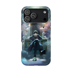 May include: A phone case with an anime-style illustration. It depicts a figure in a dark coat seated on a throne, set against a backdrop of a celestial scene with swirling clouds and floating orbs. The case has a glossy finish.