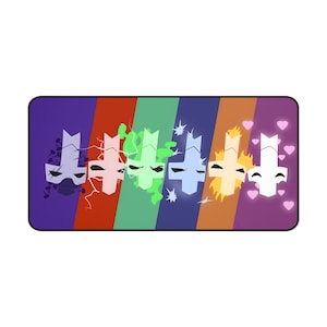 May include: A rectangular mousepad featuring a design with six stylized knight faces in a row. Each knight face is set against a different colored background, including purple, red, green, blue, orange, and purple. The knight faces have various graphic elements.