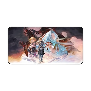 Puede incluir: Alfombrilla de ratón rectangular con una ilustración de fantasía con personajes, dragones y un cielo nublado. La obra de arte tiene una paleta de colores vibrantes con tonos de rojo, azul y dorado. La alfombrilla tiene un borde negro.