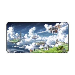 Puede incluir: Alfombrilla de ratón rectangular con un paisaje de fantasía de islas flotantes, nubes y cielo azul. La obra de arte representa una aeronave detallada y estructuras arquitectónicas en las islas, con una paleta de colores vibrantes.