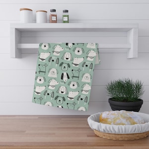 Dog Pattern Tea Towels, Cute Cartoon Art Kitchen Dish Towel, Dog Lover Gift, Cotton Fabric Towel, Dog Theme Home Decor