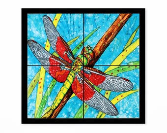 Crimson Winged Dragonfly Framed Tile Mural