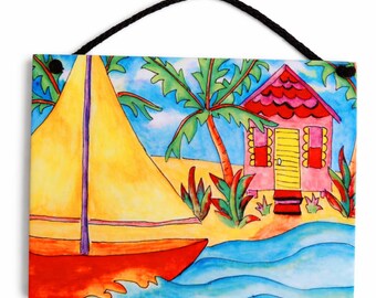 Sailboat Island Beach Cottage Ceramic Tile