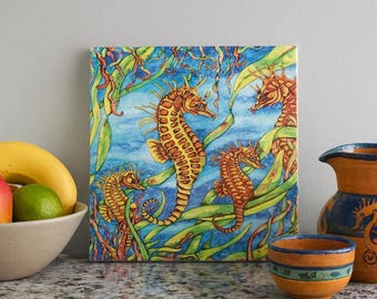 Seahorse Family Journey Ceramic Tile
