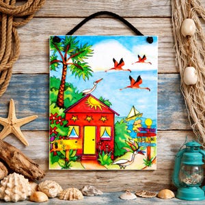 Personalized Flamingo Beach Cottage Ceramic Tile Art