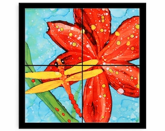 Dragonfly Hibiscus Framed Tile Mural