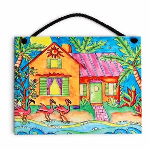 Three Flamingos Beach Cottage Ceramic Tile