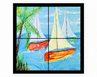Sailboats Framed Tile Mural