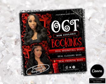 May include: A promotional graphic with two women and text. The black background features the word "OCT" and "BOOKINGS" in white and red, respectively. The text "Deposit Required!" is also present. The graphic promotes hair services.