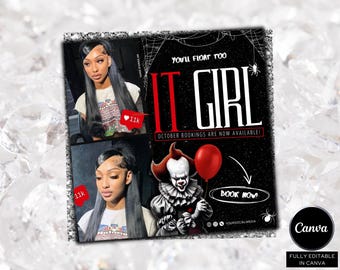 May include: A black and white graphic with the text "IT GIRL" in white and red, and "YOU'LL FLOAT TOO". The image includes a clown illustration, a red balloon, and two photos of a woman. The text "OCTOBER BOOKINGS ARE NOW AVAILABLE!" is also present.