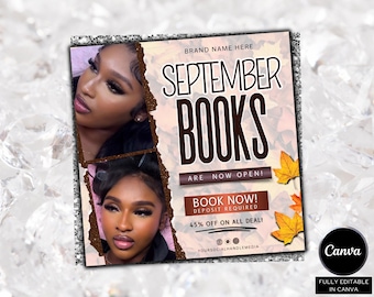 September Booking Flyer, Fall Booking Flyer, September Books Open, Fall Lash Hair Nails Braids Wig MUA Flyer, Fall Book Now Flyer, DIY Canva