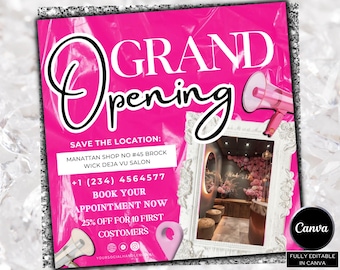 May include: A pink promotional flyer with the words "GRAND Opening" in white script. The flyer includes the salon's address, phone number, and a promotion for the first 10 customers. A framed image of the salon is also included.