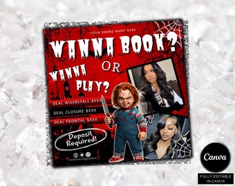 May include: A red and black promotional graphic with the text "WANNA BOOK? WANNA PLAY?" features an illustration of Chucky holding a knife, and two photos of women. The graphic also includes service pricing and social media handles.
