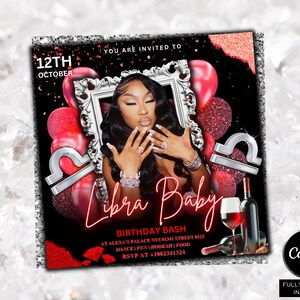 May include: A black and red Libra Baby birthday invitation. The invitation features a woman in a silver frame, red balloons, and a wine bottle. Text includes the date, location, and RSVP information.