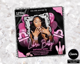 Pode incluir: Um convite para uma festa com tema preto e rosa. O convite apresenta a imagem de uma mulher, balões rosa e as palavras "Libra Baby Birthday Bash". A data é 12 de outubro, com informações RSVP.