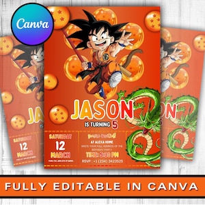 Puede incluir: Invitación de cumpleaños naranja con un personaje de dibujos animados, el nombre "Jason" y un dragón verde. La invitación incluye la fecha, la hora y la información de RSVP. El logotipo de Canva está en la esquina superior izquierda. El texto "FULLY EDITABLE IN CANVA" está en la parte inferior.