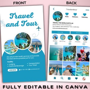 May include: A two-sided travel advertisement with a teal and white color scheme. The front features the text "Travel and Tour" with scenic images. The back displays a social media profile with travel photos and contact information. The text "FULLY EDITABLE IN CANVA" is at the bottom.