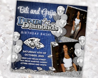 Denim and Diamonds Birthday invitation,Editable Denim Birthday Dinner Invites,denim and diamonds Party Invite, Canva Template,Birthday flyer
