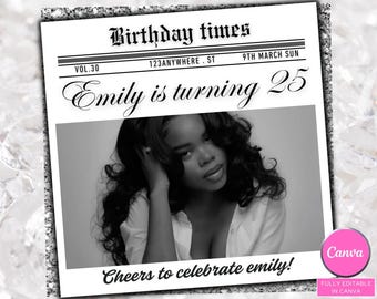 Newspaper Birthday Flyer, Happy Birthday Flyer, Invite flyer, Birthday event flyer, CEO birthday flyer, Canva template.