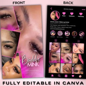 Puede incluir: Diseño de tarjeta de visita rosa y negra para una maquilladora. La parte delantera presenta imágenes de primeros planos de ojos con largas pestañas y el texto "Baddie Mink". La parte trasera muestra un perfil de redes sociales con fotos e información de contacto.