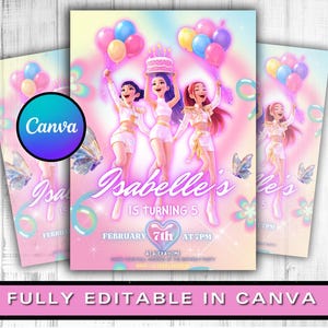 Op de afbeelding: Roze verjaardagsuitnodiging met drie meisjes, ballonnen en een taart. De tekst luidt "Isabelle's is turning 5" met evenementdetails. Het Canva-logo is zichtbaar. De onderste banner zegt "FULLY EDITABLE IN CANVA."