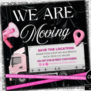 以下が含まれることがあります： 白いスクリプトで「WE ARE Moving」という言葉が入ったピンク色の引越しトラック。画像にはピンクのメガホンと場所のピンが含まれています。トラックのテキストには「SAVE THE LOCATION」とソーシャルメディアハンドルが記載されています。