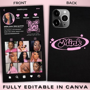 Könnte beinhalten: Schwarze Handyhülle mit rosa Design. Die Vorderseite zeigt ein Social-Media-Profil mit dem Namen "Matilda Jones" und einem QR-Code. Die Rückseite zeigt das Wort "Mink" in einer rosa, stilisierten Schrift.